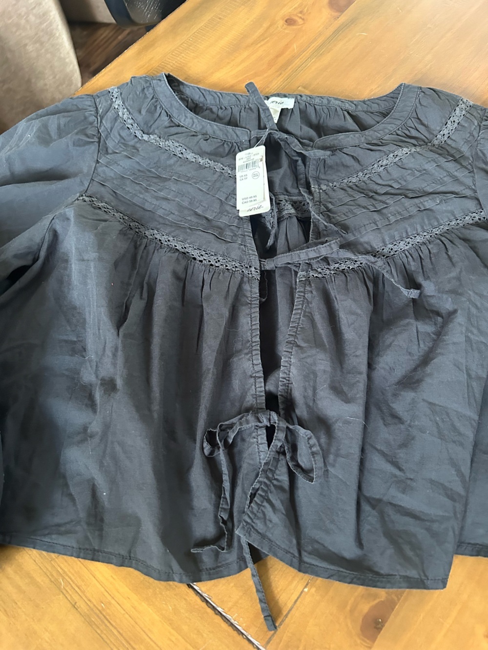 NWT Aerie Black Peasant Tie-Front Blouse - Picture 2 of 9